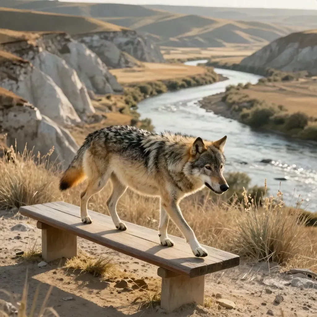 Gray wolf trotting a sagebrush bench above a braided river, cliffs and hills behind.