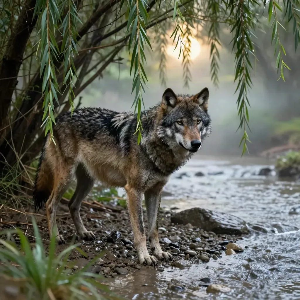 Wolf stepping onto creek gravel from willow thicket in rain mist