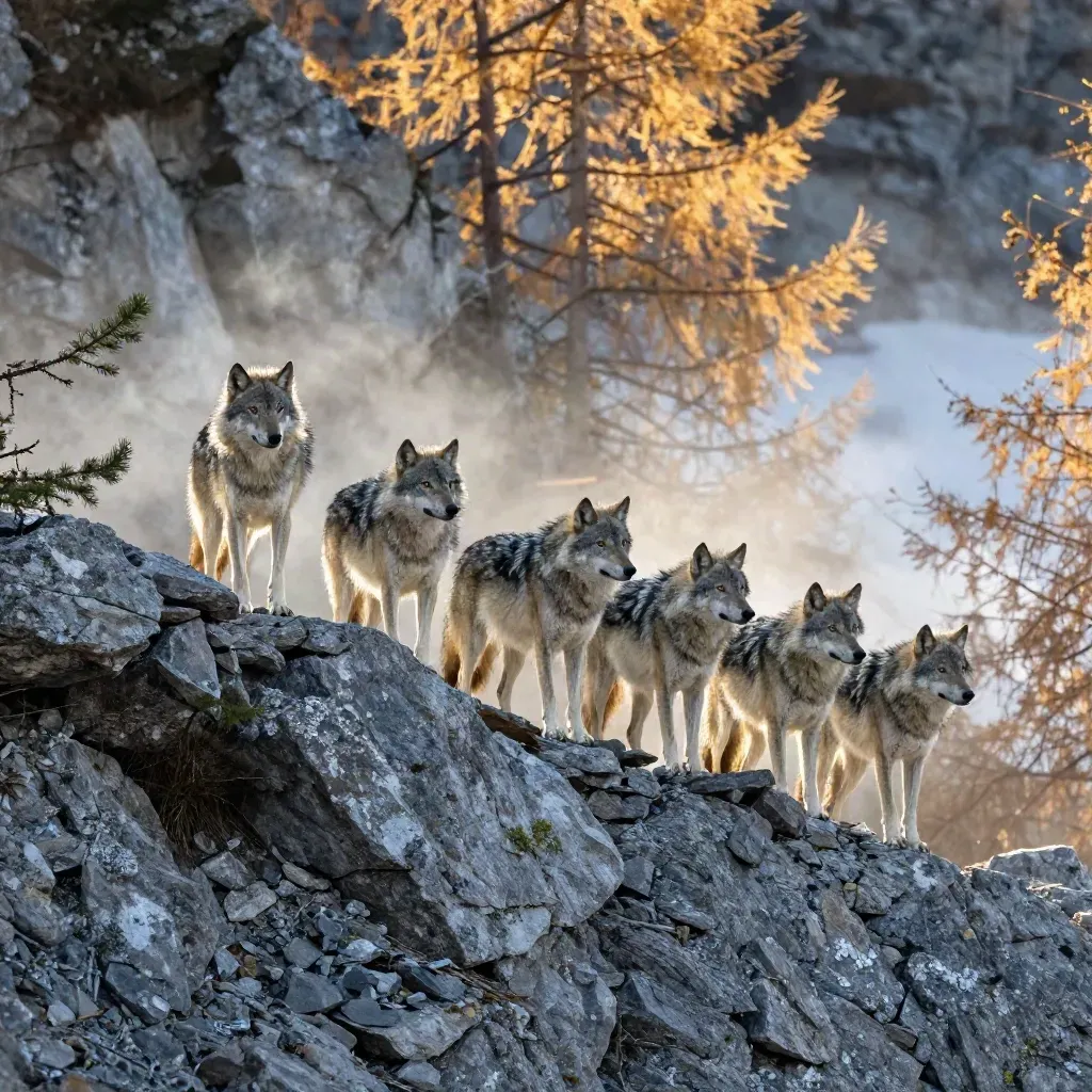 Five gray wolves traverse a rocky alpine bench under autumn larches.