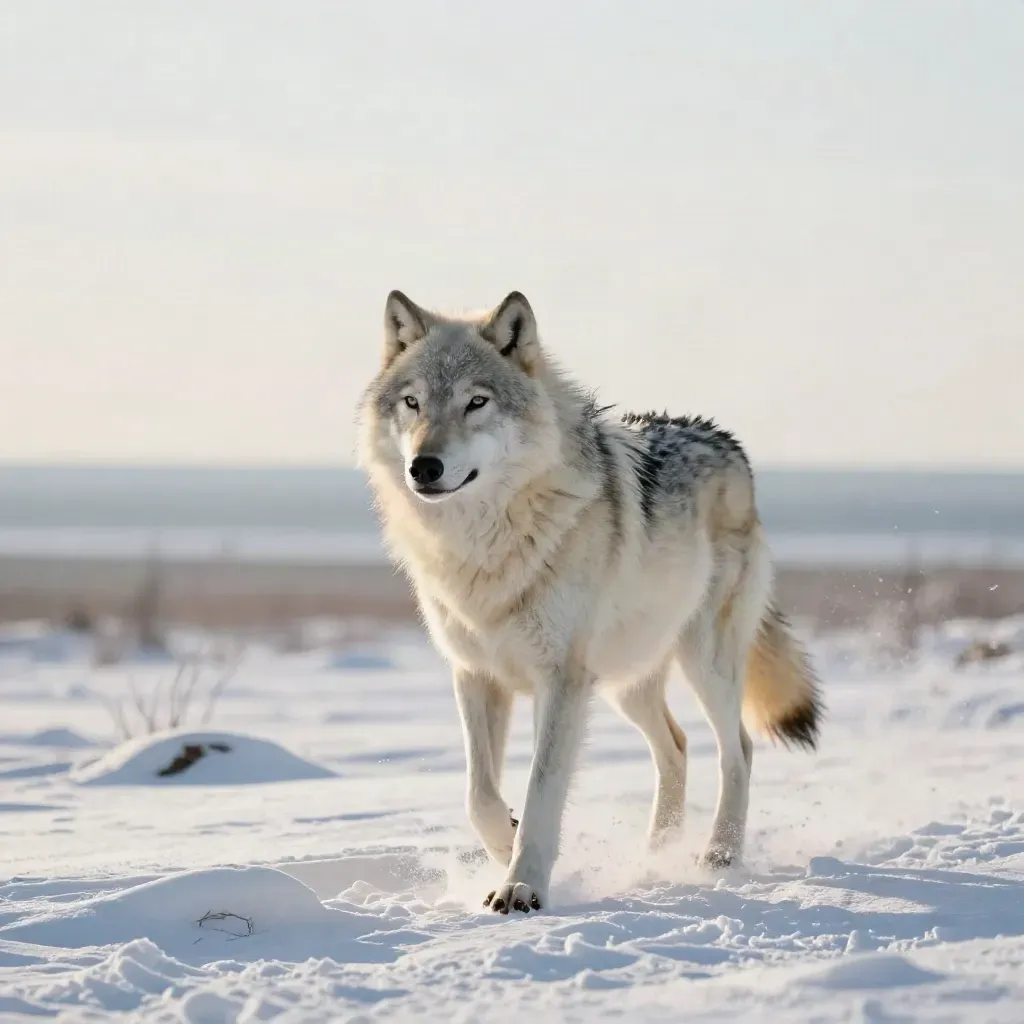 Adult arctic wolf trots through spindrift on a snowy coastal tundra plain.