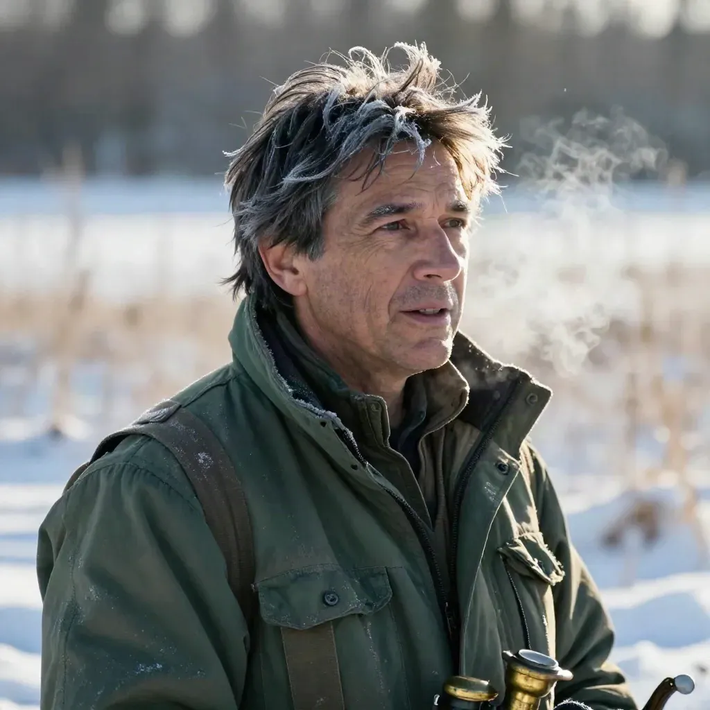 Wildlife researcher in winter field light, speaking off camera beside snowy grasses.
