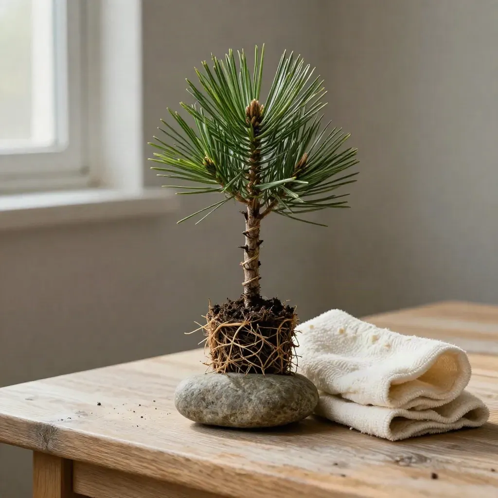 Pine seedling in a nursery pot with peat, stone, and folded cloth on pale wood.